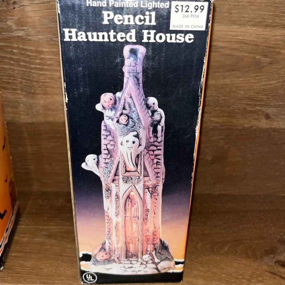 Hand Painted Lighted Pencil Haunted House - Black and White